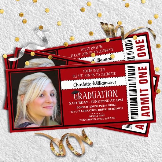 Invitation Red|White Photo Ticket Graduation Party