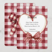 Invitation Red White Plaid Stripes Heart Birthday (Devant / Derrière)
