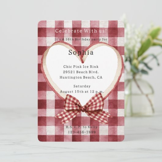 Invitation Red White Plaid Stripes Heart Birthday (Debout devant)