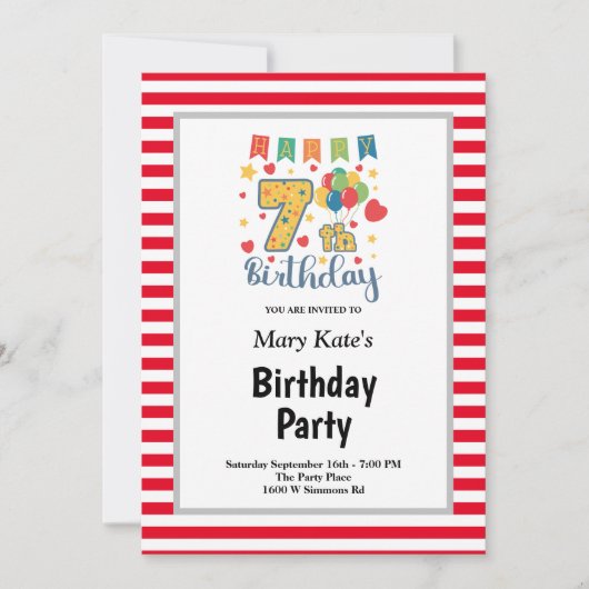 Invitation Red/White Stripes encadré 7e fête d'anniversaire (Devant)