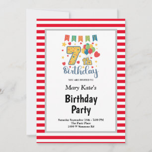 Invitation Red/White Stripes encadré 7e fête d'anniversaire