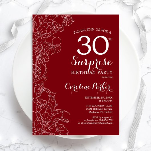 Invitation Red White Surprise 30e fête d'anniversaire