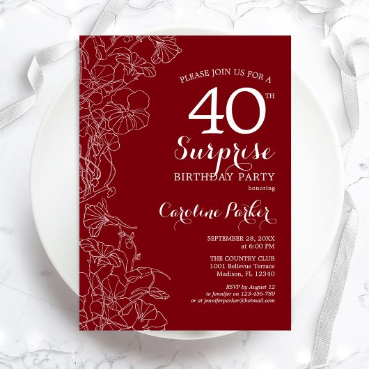 Invitation Red White Surprise 40e fête d'anniversaire