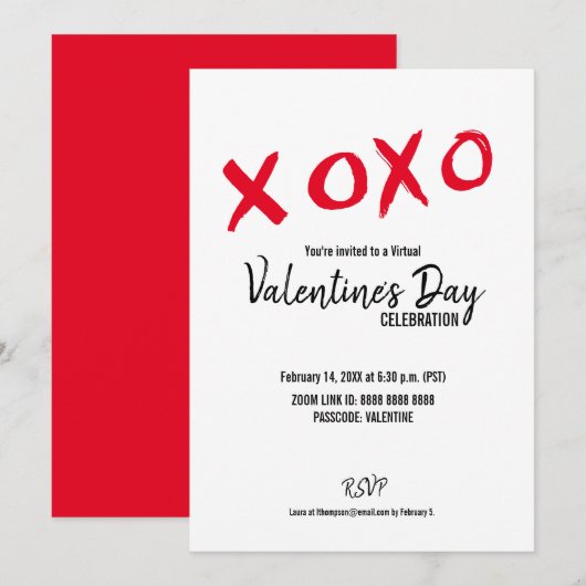 Invitation Red White XOXO Virtual Valentine's Day Party (Devant / Derrière)