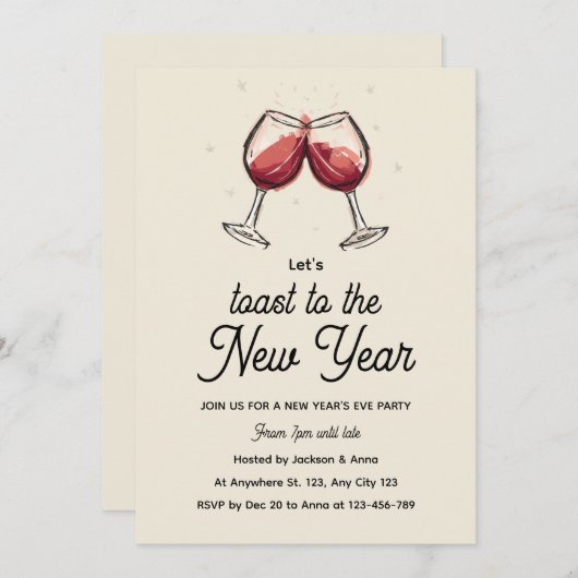 Invitation Red Wine Glasses Hand Drawn New Year's Eve Party (Devant / Derrière)