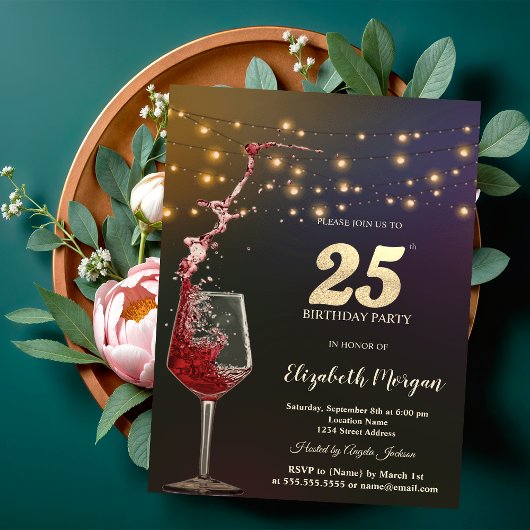 Invitation Red Wine String Lights 25th Birthday Party