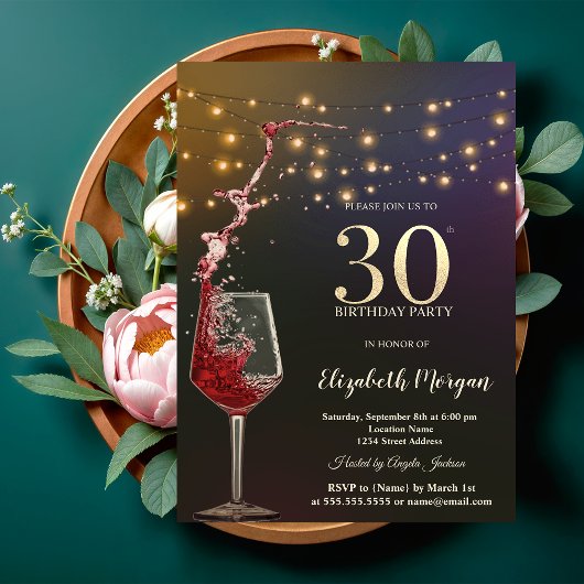 Invitation Red Wine String Lights 30th Birthday Party