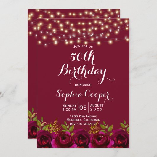 Invitation Red Wine String Lights 50e fête d'anniversaire (Devant / Derrière)