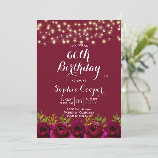 Invitation Red Wine String Lights 60e fête d'anniversaire (Debout devant)