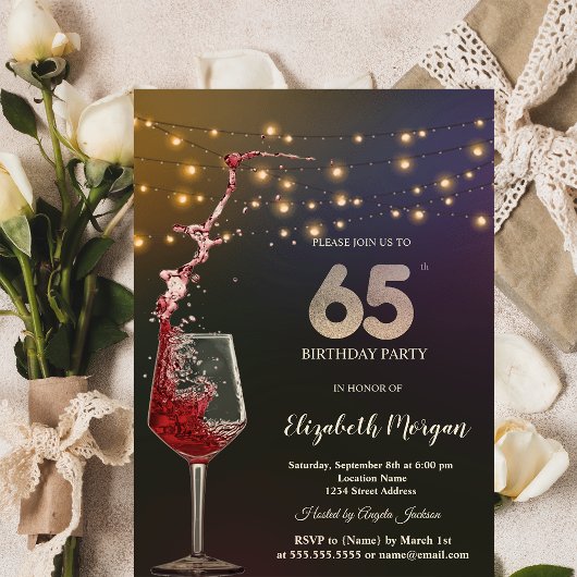 Invitation Red Wine String Lights 65th Birthday Party