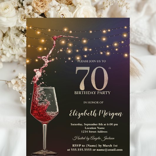Invitation Red Wine String Lights 70th Birthday Party