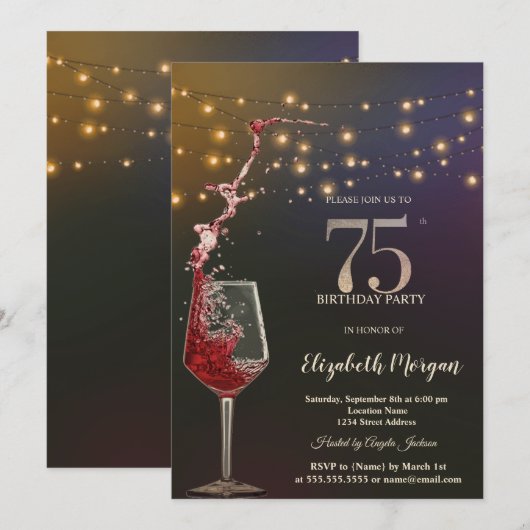 Invitation Red Wine String Lights 75th Birthday Party (Devant / Derrière)