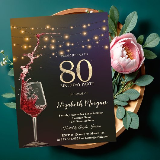Invitation Red Wine String Lights 80th Birthday Party