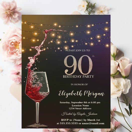 Invitation Red Wine String Lights 90th Birthday Party