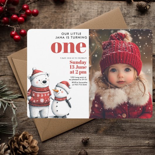 Invitation Red Winter Bear & Snowmen Photo Anniversaire