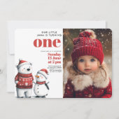 Invitation Red Winter Bear & Snowmen Photo Anniversaire (Devant)