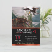 Invitation Red Wyvern Dragon Château médiéval Metallic Birthd (Debout devant)