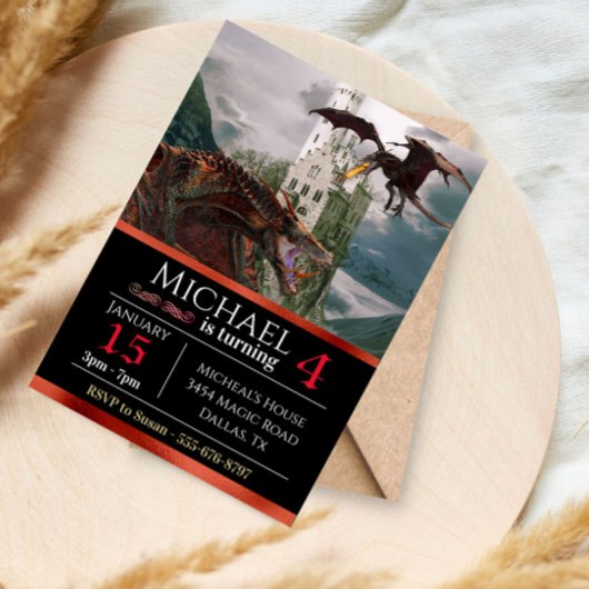 Invitation Red Wyvern Dragon Château médiéval Metallic Birthd