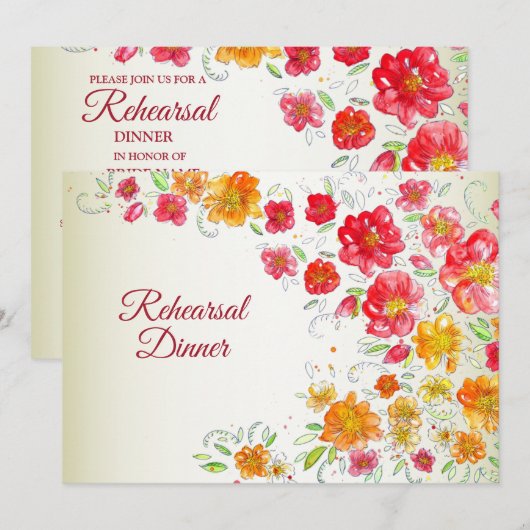 Invitation Red Yellow Pink Floral Wedding Rehearsal Dinner (Devant / Derrière)