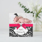 Invitation Red Zebra Baby Girl Photo Christening (Debout devant)