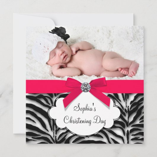 Invitation Red Zebra Baby Girl Photo Christening (Devant)
