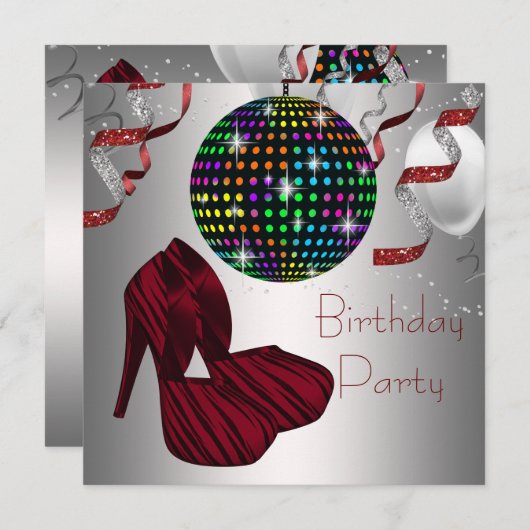 Invitation Red Zebra High Heel Chaussures Disco Anniversaire (Devant / Derrière)