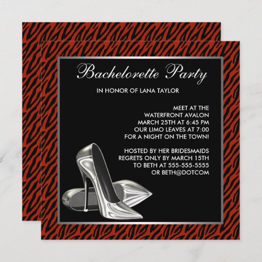 Invitation Red Zebra High Heels Bachelorette (Devant / Derrière)
