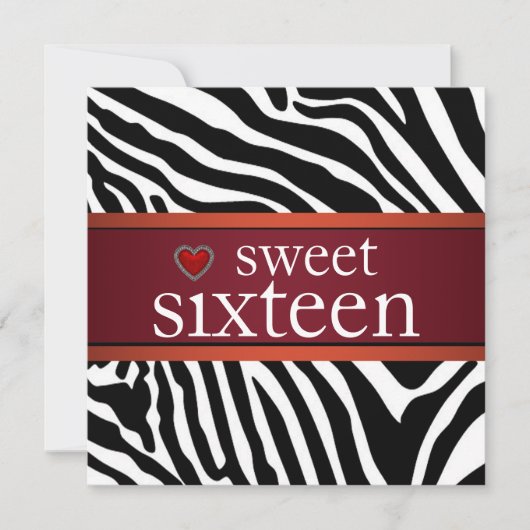 Invitation Red Zebra Sweet sixteen fête d'anniversaire (Devant)