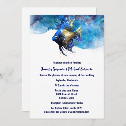 Invitation Reef île ange poisson 3D bleu or (Devant / Derrière)