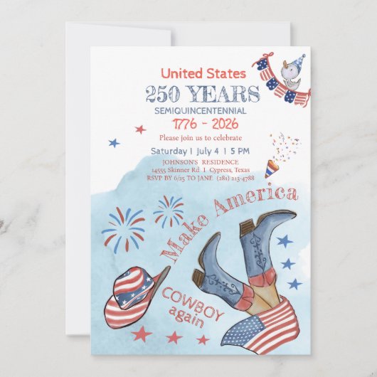 Invitation Refaire l'Amérique Cowboy - 250e Fête (Devant)