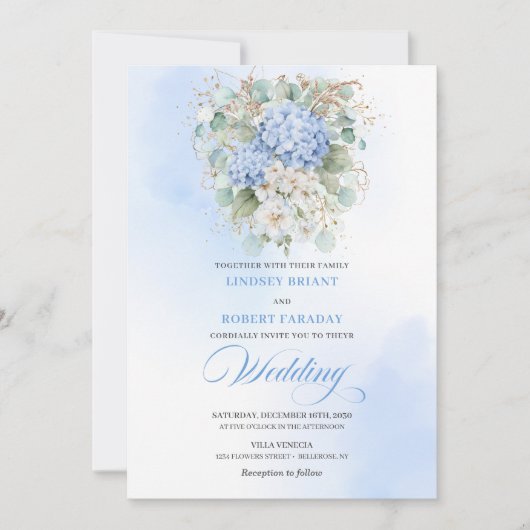 Invitation Refined Blue Hydrangea Floral Gold Wedding Invite (Devant)