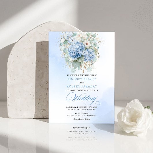 Invitation Refined Blue Hydrangea Floral Gold Wedding Invite