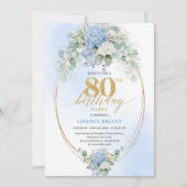 Invitation Refined Blue Hydrangea Gold Floral 80th Birthday   (Devant)