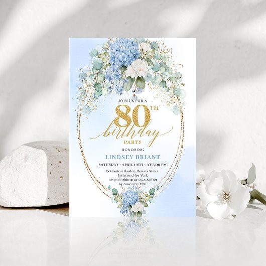 Invitation Refined Blue Hydrangea Gold Floral 80th Birthday  