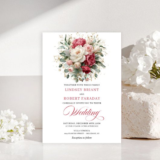 Invitation Refined Bohemian Red White Floral Greenery Invite
