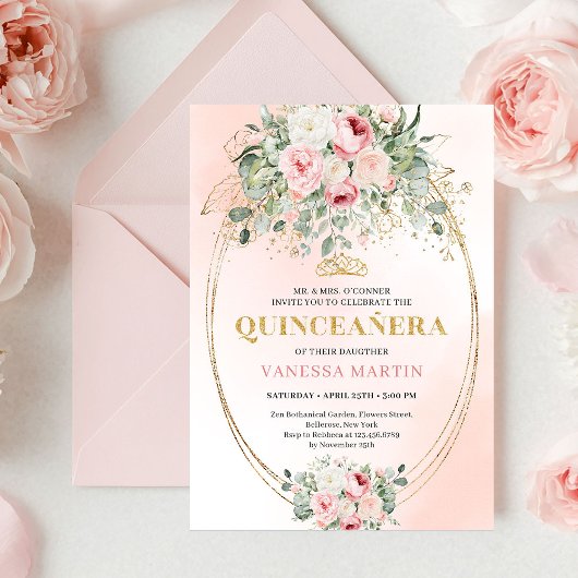 Invitation Refined Boho Blush Roses Greenery Gold Quinceañera