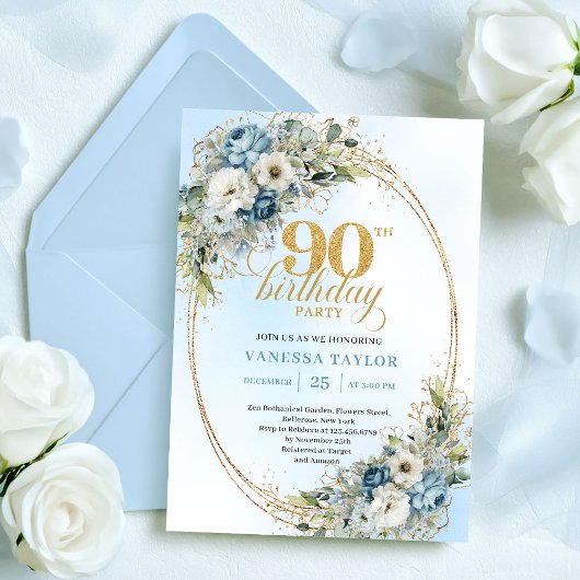 Invitation Refined Boho Dusty Blue Eucalyptus 90th Birthday
