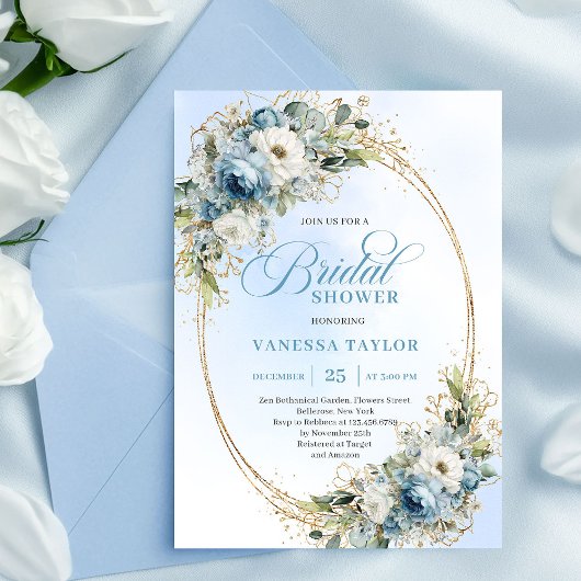 Invitation Refined Boho Dusty Blue Flowers Gold Bridal Shower