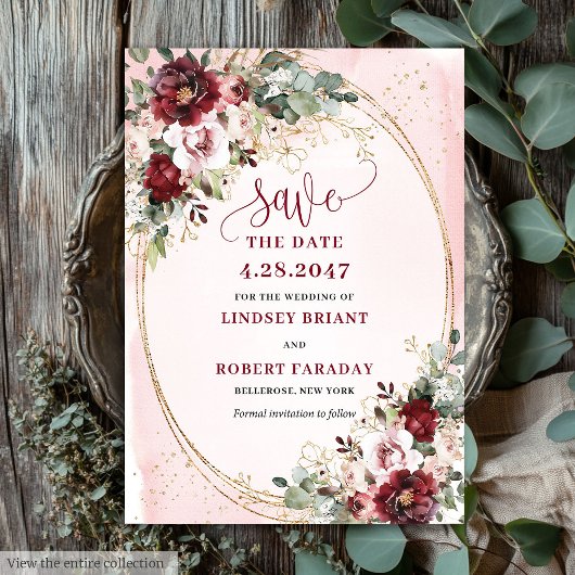 Invitation Refined Boho Maroon Blush Gold Floral Save Date