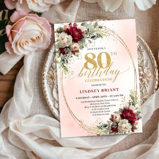 Invitation Refined Burgundy Floral Gold 80th Birthday Invite
