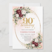 Invitation Refined Burgundy Floral Gold Frame 90th Birthday (Devant)