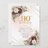 Invitation Refined Burgundy Flowers Eucalyptus 90th Birthday (Devant)