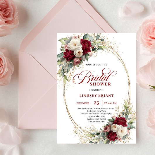 Invitation Refined Deep Red Floral Gold Bridal Shower Invite
