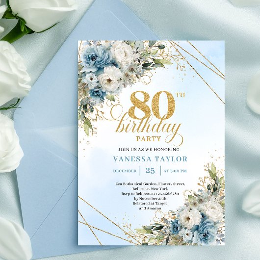 Invitation Refined Dusty Blue Floral Gold 80th Birthday Invit