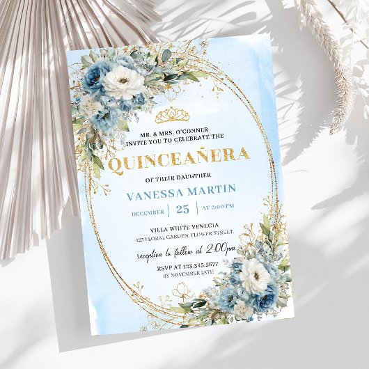 Invitation Refined Dusty Blue Gold Greenery Quince 15 Invite