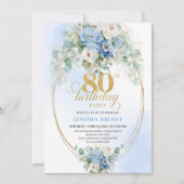 Invitation Refined Dusty Blue Peonies Gold Frame 80 Birthday (Devant)