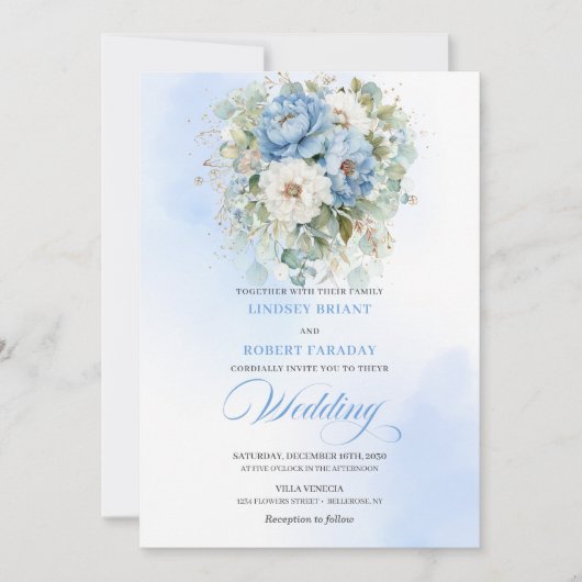Invitation Refined Dusty Blue White Peony Greenery Wedding (Devant)