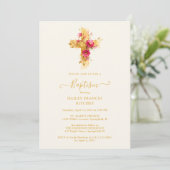 Invitation Refined Gold Botanical Cross Christian Baptism (Debout devant)