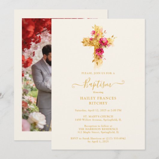 Invitation Refined Gold Botanical Cross Christian Baptism (Devant / Derrière)