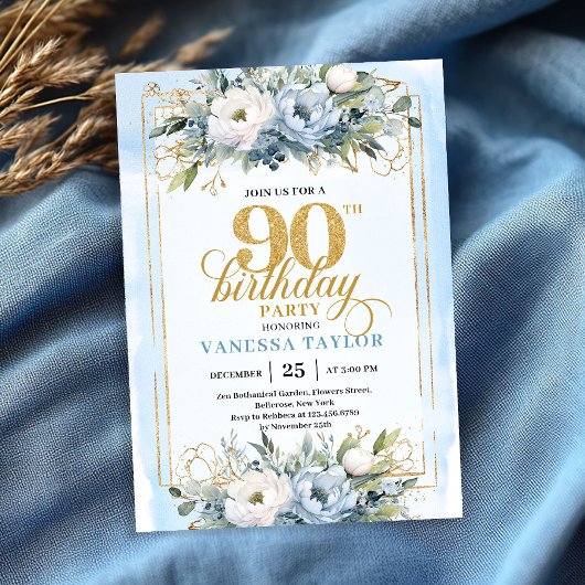 Invitation Refined light blue gold wreath 90th birthday  